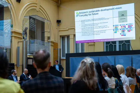 L'OCSE sta conducendo una valutazione esterna sulla strategia di sostenibilità adottata dalla Provincia di Bolzano. Nella foto, un momento dell'odierno workshop con gli stakeholder tenutosi a Palazzo Widmann (Foto: ASP/Fabio Brucculeri)