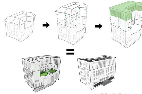Il rendering sintetizza la soluzione scelta per l'ampliamento dell'edificio del Palazzo del Consiglio provinciale con sopraelevazione di due piani. (Foto: ASP/Ripartizione patrimonio)
