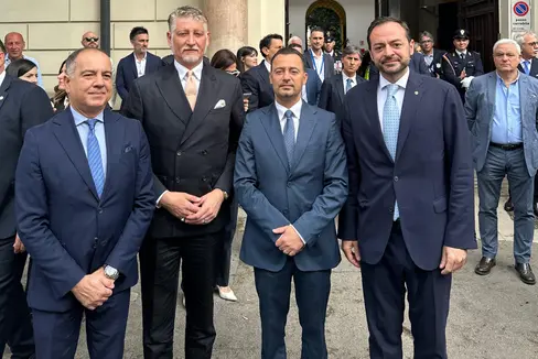 La cerimonia a Palermo in ricordo della strage di Capaci. Nella foto (da destra) il vicepresidente Marco Galateo, l'assessore regionale della Sicilia ai beni culturali e all'identità siciliana Francesco Scarpinato, il ministro della Cultura Alessandro Giuli e il vicesindaco di Palermo Giampiero Cannella. (Foto: USP)