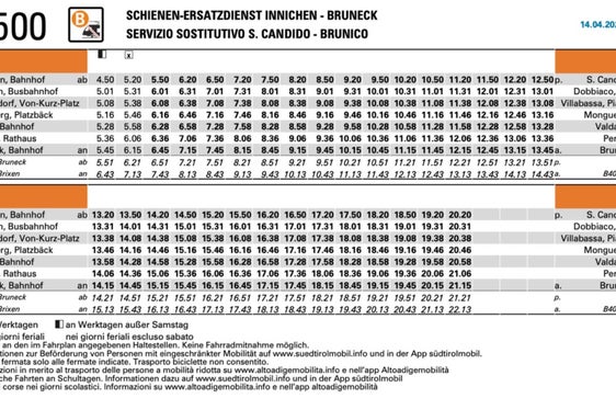 Gli orari dell'autobus sostitutivo San Candido-Brunico. (Fonte: USP/STA)