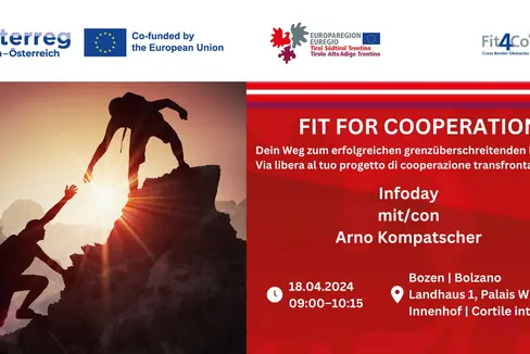 La presentazione di “Fit4Co” si terrà giovedì 18 aprile 2024 dalle ore 9.00 alle ore 10.30 nel cortile interno di Palazzo Widmann in piazza Silvius Magnago 1, a Bolzano con un evento informativo che inizierà con i saluti del presidente dell'Euregio e della Provincia autonoma di Bolzano Arno Kompatscher e dell’assessora a Europa, Lavoro e Personale Magdalena Amhof. (Foto: Euregio)