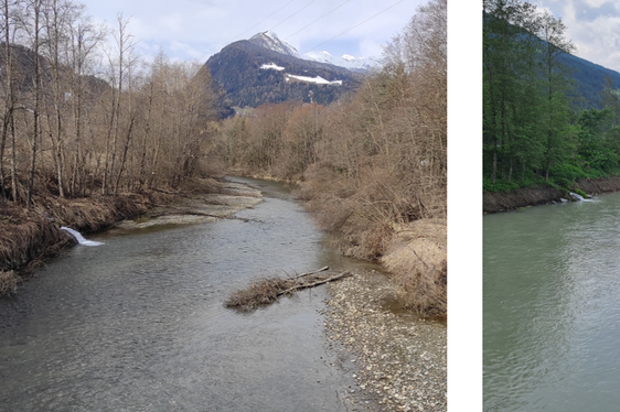 Nella zona produttiva di Casateia, nel Comune di Vipiteno, nel letto del Rio Mareta negli anni scorsi si erano accumulate grosse quantità di detriti, conseguenza di diversi eventi meteorologici estremi (a sinistra), il letto è stato adesso liberato (a destra). (Foto: ASP/Ufficio sistemazione bacini montani Nord)