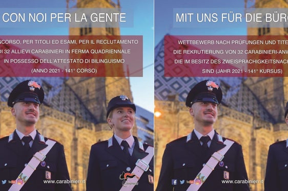 Junge Frauen und Männer (17 bis 26 Jahre) mit Zweisprachigkeitsnachweis B1 können sich bis 20. Jänner für die Ausbildung zum Carabinieri-Anwärter bewerben. (Foto: Carabinieri-Landeskommando)