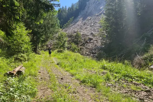 In der Nacht auf Sonntag sind Tausende Kubikmeter Material in das Bachbett des Pikoleinbachs in der Gemeinde St. Martin in Thurn im Gadertal niedergegangen; das Landesamt für Wildbachverbauung Ost geht nach einem Lokalaugenschein an die Umsetzung einer provisorischen Schutzmaßnahme. (Foto: LPA/Landesamt für Wildbach- und Lawinenverbauung Ost in der Agentur für Bevölkerungsschutz)