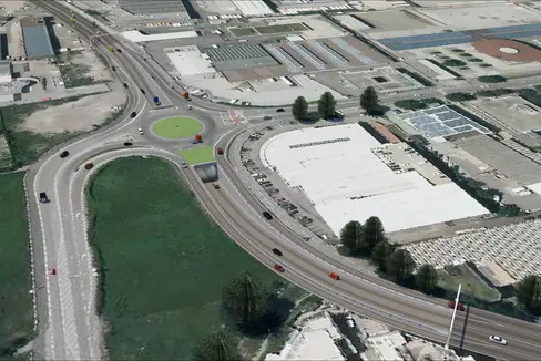 Die Simulation zeigt, wie die Unterführung und der Kreisverkehr in der Bozner Einsteinstraße nach ihrer Fertigstellung aussehen sollen. (Foto: LPA/Ressort für Infrastrukturen und Mobilität)