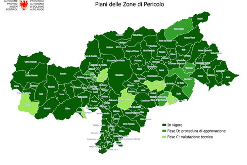 Il 90% dei comuni altoatesini ha un piano delle zone di pericolo approvato. San Leonardo in Passiria è stato aggiunto all'elenco il 9 gennaio. (Grafica: Ufficio Pianificazione paesaggistica e comunale)