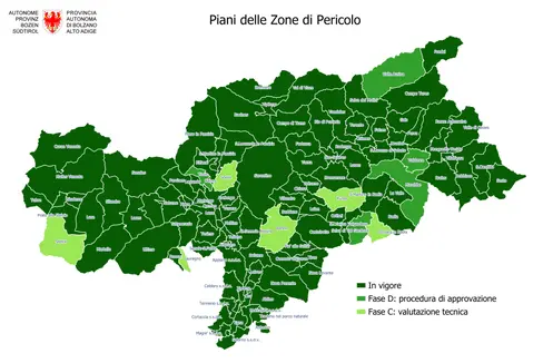 Il 90% dei comuni altoatesini ha un piano delle zone di pericolo approvato. San Leonardo in Passiria è stato aggiunto all'elenco il 9 gennaio. (Grafica: Ufficio Pianificazione paesaggistica e comunale)