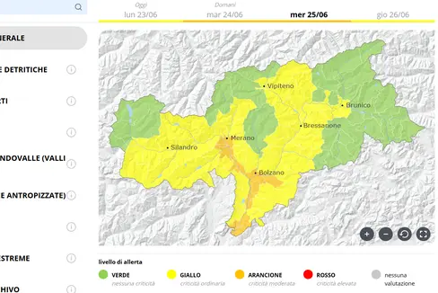 Per mercoledì 25 giugno, il livello di allerta è arancione a causa del persistere di temperature estreme nell'area indicata. (Fonte: Centro Funzionale provinciale)
