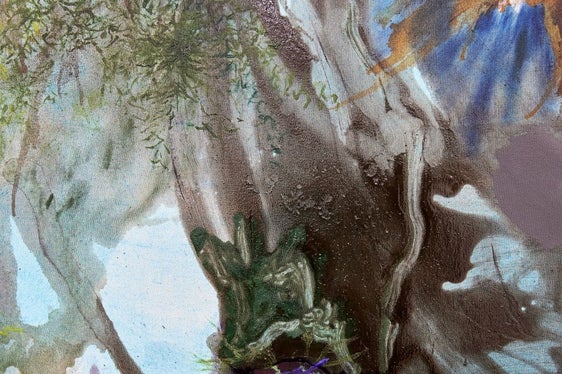 Detail aus the bowels of the earth, 2022, Pigmentiertes Bindemittel, Öl auf Leinwand, 200 x 175 cm (Foto: Kunstraum Schwaz, Verena Nagl, 2023)