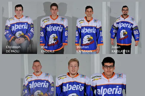 Sette altoatesini pronti per realizzare il sogno olimpico con la maglia della nazionale di Para Ice Hockey: da sx in alto Christoph Depaoli, Alex Enderle, Stephan Kafmann, Julian Kasslatter, Stefan Kerschbaumer, Nils Larch e Matteo Remotti Marnini. (Foto: Fisg)