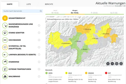 Im Hinblick auf Schneefall bis in die Tallagen weist der Warnlagebericht am Donnerstag, 19. Februar, im Norden und Osten Südtirols die zweithöchste Warnstufe Orange auf. (Warnlagebericht des Landeswarnzentrums in der Agentur für Bevölkerungsschutz)