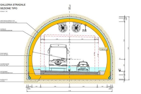 La nuova galleria della circonvallazione Est di San Candido assolverà una duplice funzione: deviare il traffico rispetto al paese e far defluire le acque alluvionali assicurando protezione in caso d'inondazione. (Disegno tecnico: Ripartizione Infrastrutture)