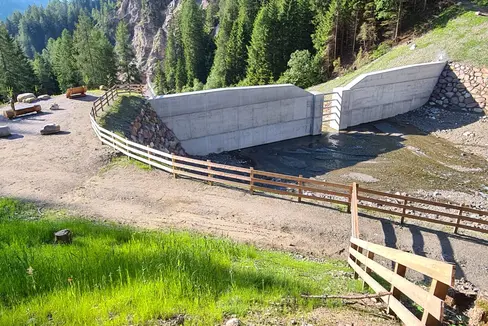 So zeigt sich die neue Sperre im Gamperbach in der Gemeinde Proveis Mitte Juni nach erfolgter Begrünung. (Foto: LPA/Landesamt für Wildbach- und Lawinenverbauung Süd in der Agentur für Bevölkerungsschutz)
