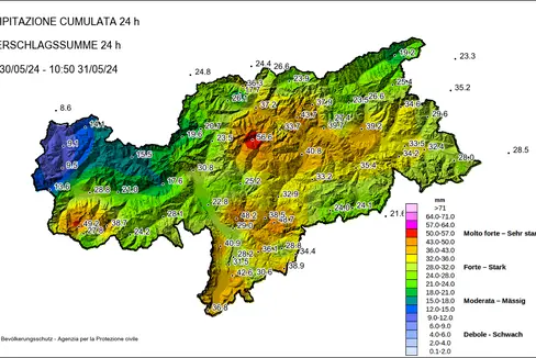 Die Karte mit den Niederschlägen in den vergangenen 24 Stunden (Quelle: Landesamt für Meteorologie und Lawinenwarnung)