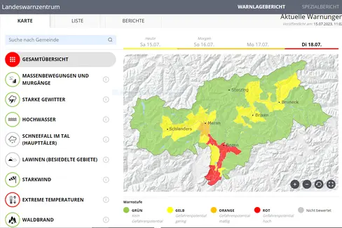 Stufe Rot im Warnlagebericht des Landeswarnzentrums in einigen Gemeinden wegen anhaltender extremer Temperaturen. Auch in nicht rot gekennzeichneten Ortschaften ist mit hohen Temperaturen zu rechnen. (Quelle: Warnlagebericht des Landeswarnzentrums in der Agentur für Bevölkerungsschutz)
