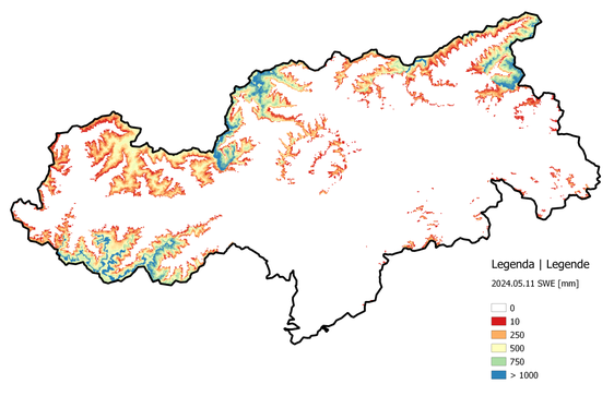 Karte der modellierten Schneewasseräquivalent-Rücklagen in Südtirol am 11. Mai dieses Jahres (Quelle: Landesamt für Hydrologie und Stauanlagen in der Agentur für Bevölkerungsschutz)