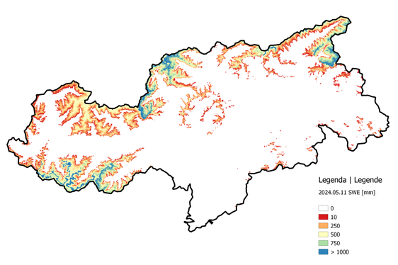 Carta delle riserve di acqua nevosa in Alto Adige all'11 maggio (Fonte: Ufficio Idrologia e dighe dell’Agenzia per la Protezione civile)
