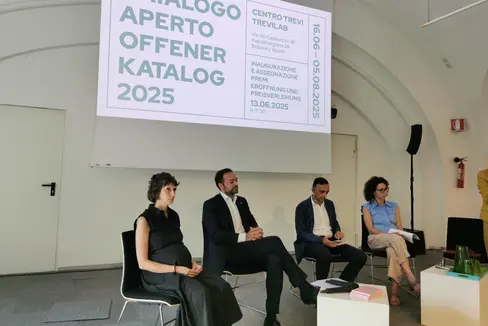 Catalogo Aperto 2025. Il 13 giugno al Trevilab il vicepresidente Marco Galateo ha annunciato i nomi delle quattro vincitrici e vincitori del concorso che premia quattro artisti virtuosi di arte contemporanea. Nella foto (da sinistra) Elisa Cramerotti (Cooperativa 19), il vicepresidente della Provincia Marco Galateo, il direttore di Dipartimento Antonio Lampis e Monica Anesi, referente del progetto Catalogo Aperto. (Foto: USP)