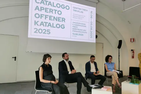 Catalogo Aperto 2025. Il 13 giugno al Trevilab il vicepresidente Marco Galateo ha annunciato i nomi delle quattro vincitrici e vincitori del concorso che premia quattro artisti virtuosi di arte contemporanea. Nella foto (da sinistra) Elisa Cramerotti (Cooperativa 19), il vicepresidente della Provincia Marco Galateo, il direttore di Dipartimento Antonio Lampis e Monica Anesi, referente del progetto Catalogo Aperto. (Foto: USP)