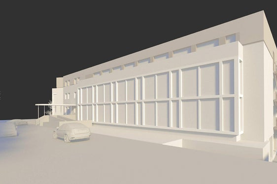 Das Modell des Gebäudes von der Innerhoferstraße in Meran aus gesehen. An den Gebäudelängsseiten werden Terrassen mit Blumenkästen eingerichtet. (Foto: LPA/Abteilung Hochbau)