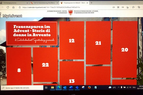 Col calendario “Storie di donne in Avvento”, l’obiettivo è di far riflettere giorno dopo giorno, fino a Natale, sul ruolo delle donne nella tutela dei beni culturali in Alto Adige e di seguire un percorso alla ricerca di tracce di figure femminili nei documenti storici e nel patrimonio culturale in territorio altoatesino. (Foto/ASP)