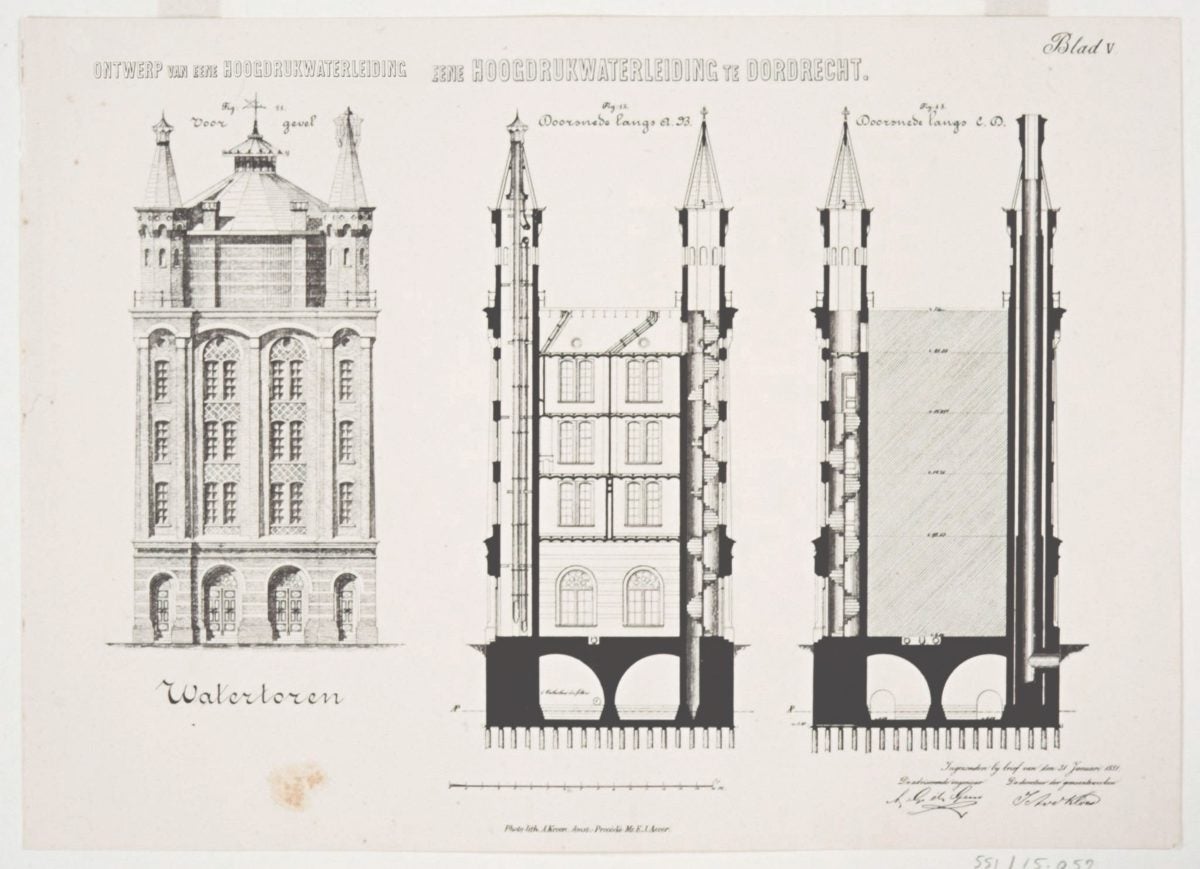 Schets van het ontwerp van de watertoren in Dordrecht.