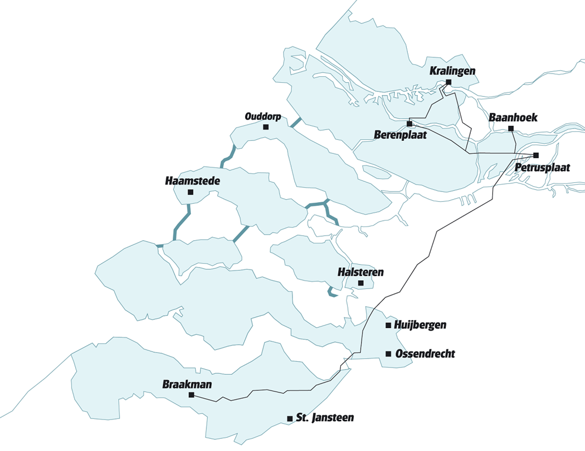 Een kaart met de vestigingen en het voorzieningsgebied van Evides