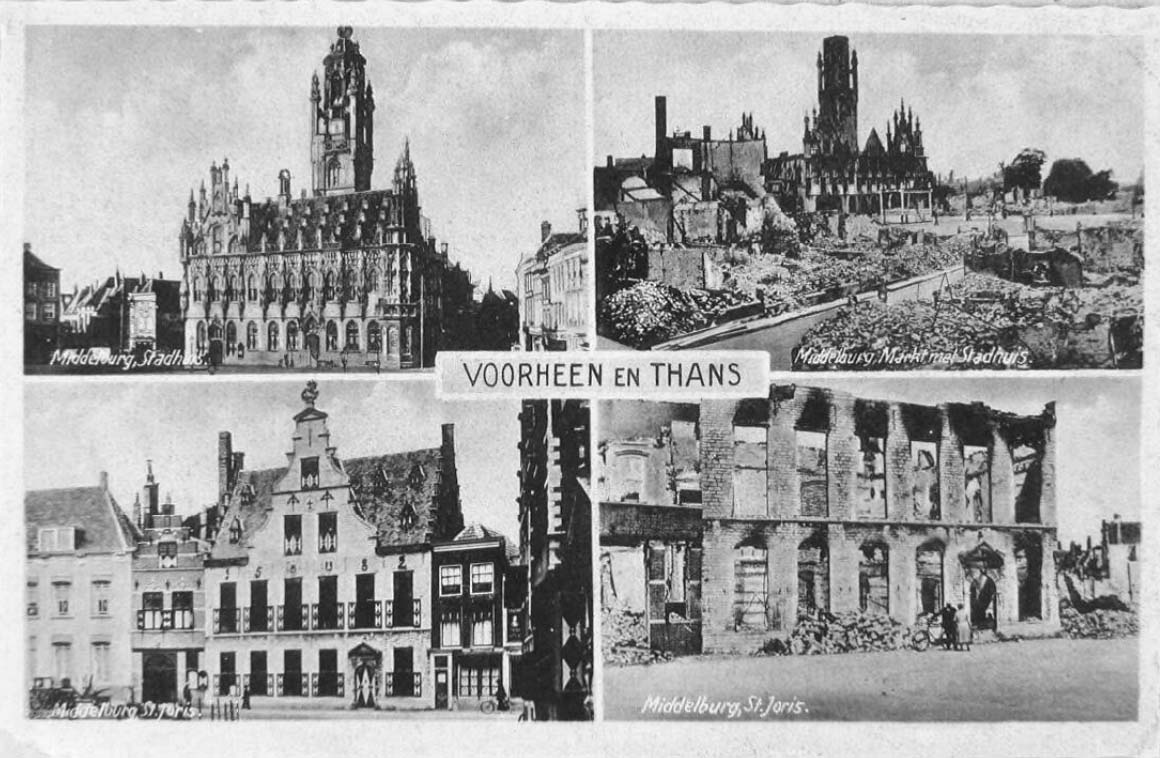 Het centrum van Middelburg voor en na de Meidagen.