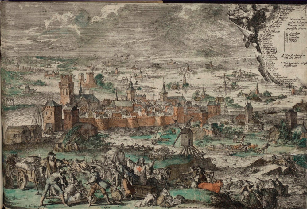 Schilderij over de Sint-Elisabethsvloed uit de zeventiende eeuw, gemaakt door kunstschilders Romeyn de Hooghe en Arnold Houbraken.