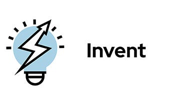 Invent icon - a blue lightbulb with a black and white lightning strike shaped arrow running through it.