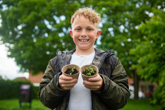 A mini ambassador holding two plant pots with sprouts in them