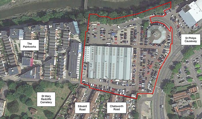 Aerial view of Castle Court site - the extent of the site is indicated by the red line