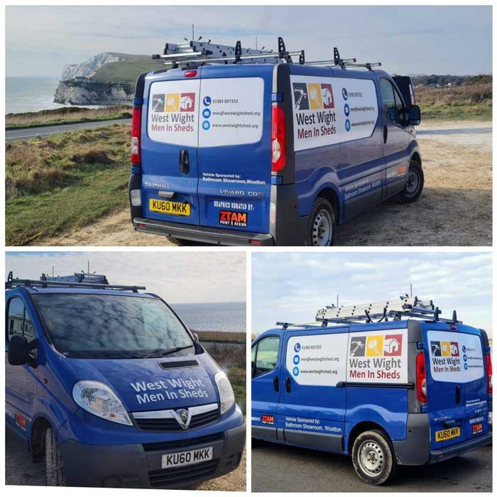 A picture showing the West Wight Men in Sheds van from three different angles parked along the coastline 