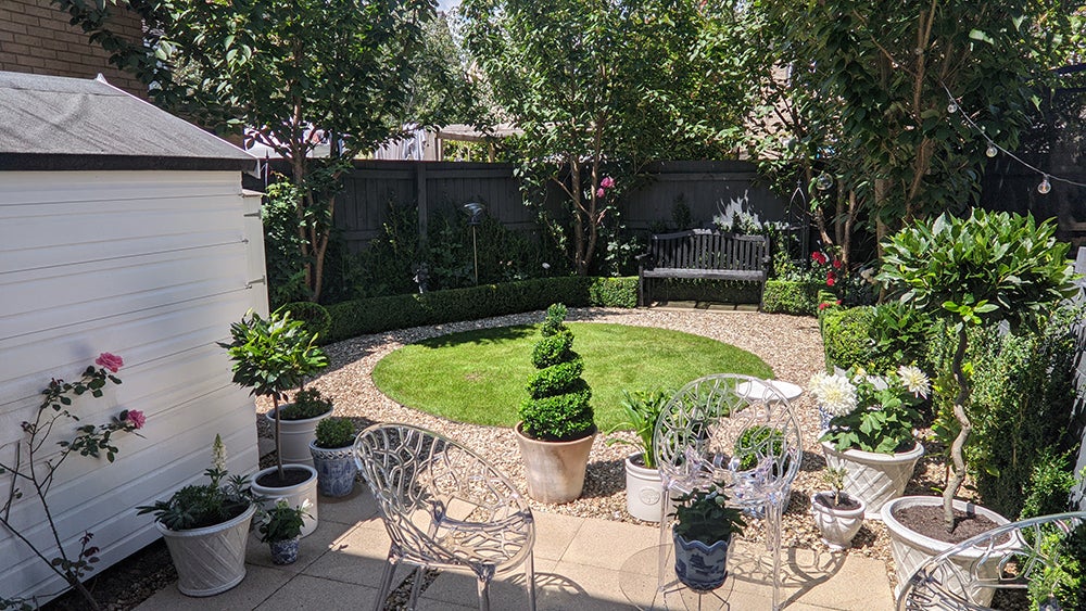 A pretty back garden with potted plants, trees and shrubs surrounding a circular gravel pathway and patch of grass