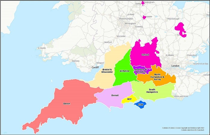 Map of south of England, showing Sovereign's 10 localities