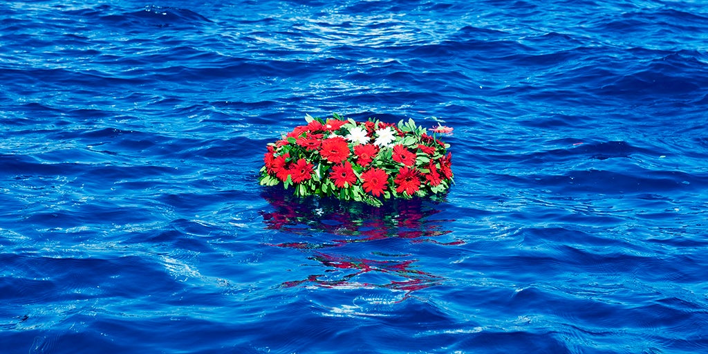 Memorial flowers floating at sea for somebody who wanted an alternative funeral