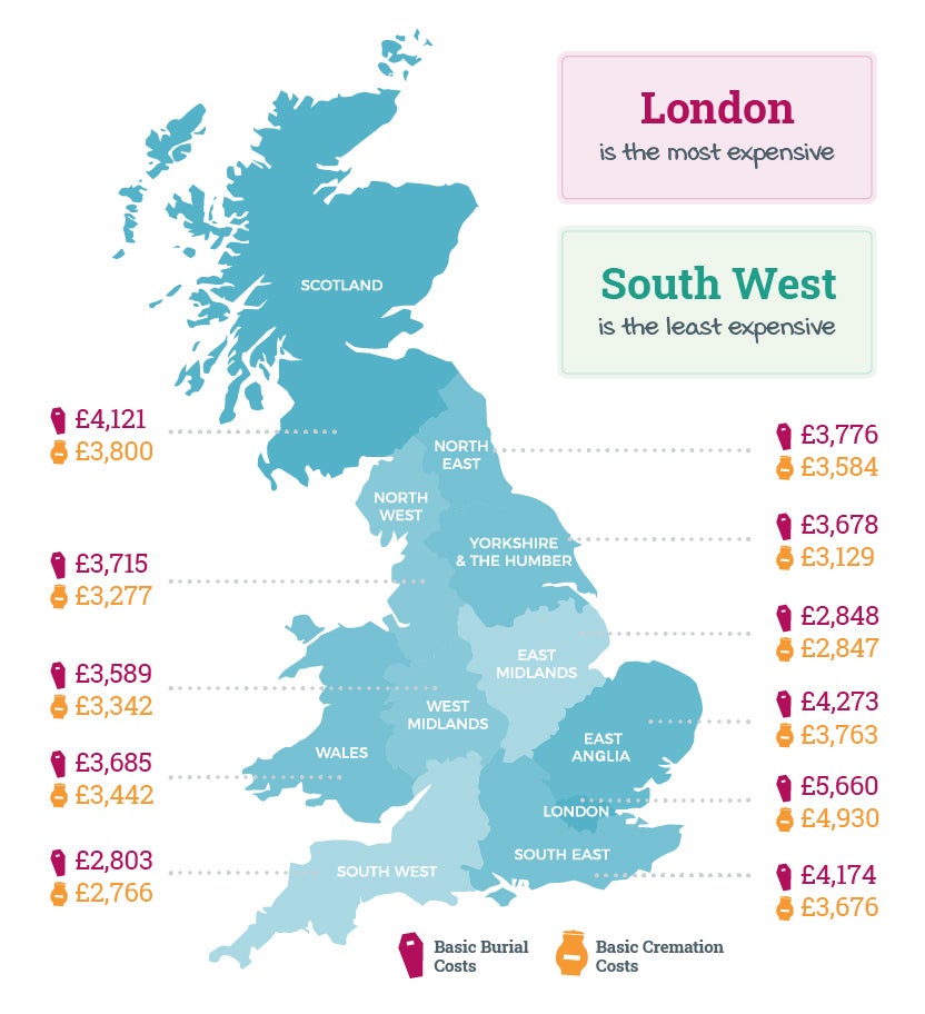 Map of the UK showing the cost of funerals in different locations around the UK.