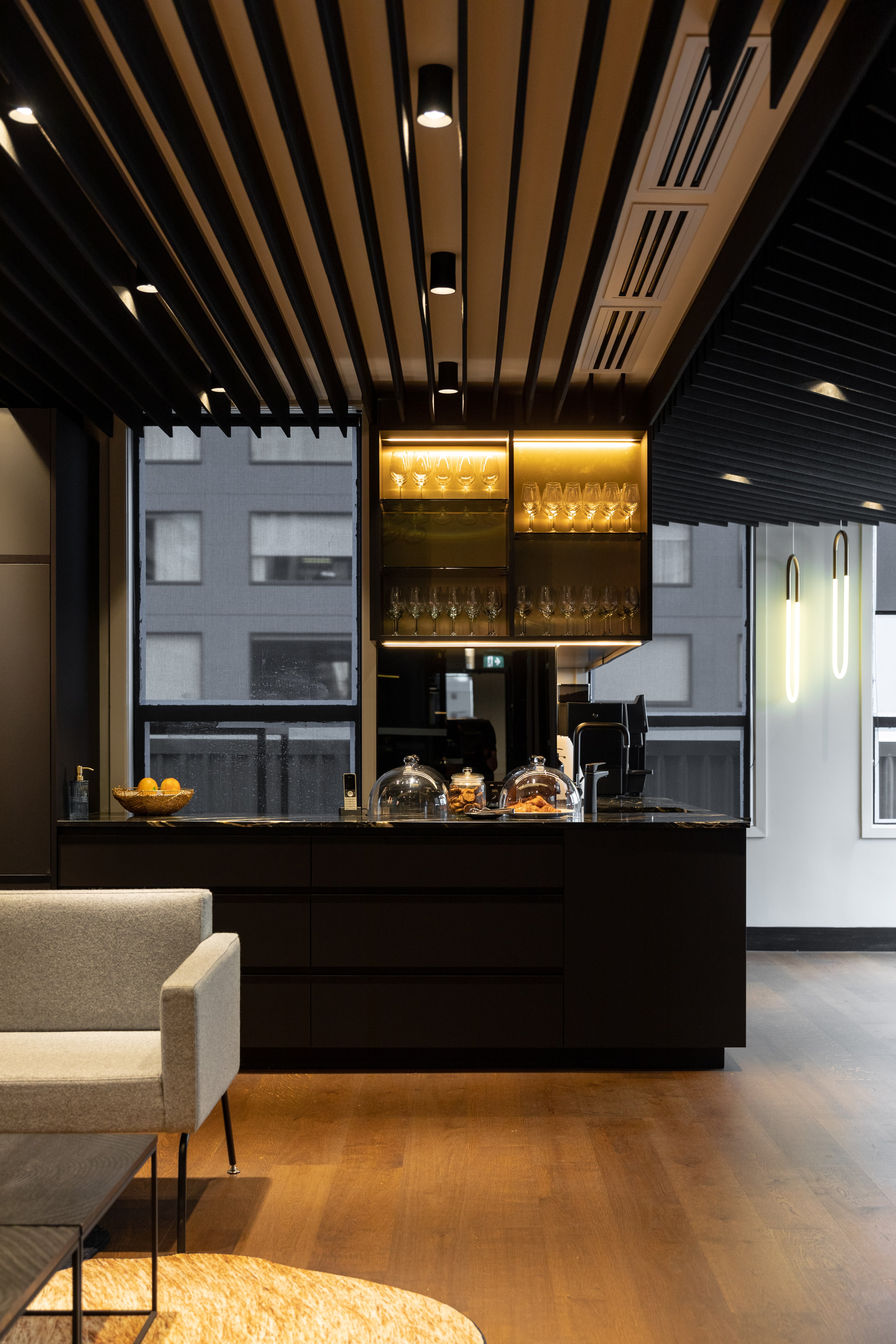 office bar - office- Shinnoki - dark office - dark bar - dark wooden bar - wood floor - Shinnoki floor