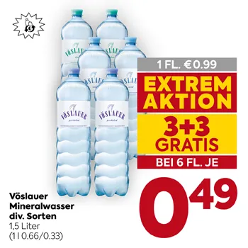 Vöslauer
Mineralwasser
div. Sorten
1,5 Liter
(1 l 0,66/0,33)
1 FL. € 0,99
EXTREM AKTION
3+3 GRATIS
BEI 6 FL. JE
€ 0,49