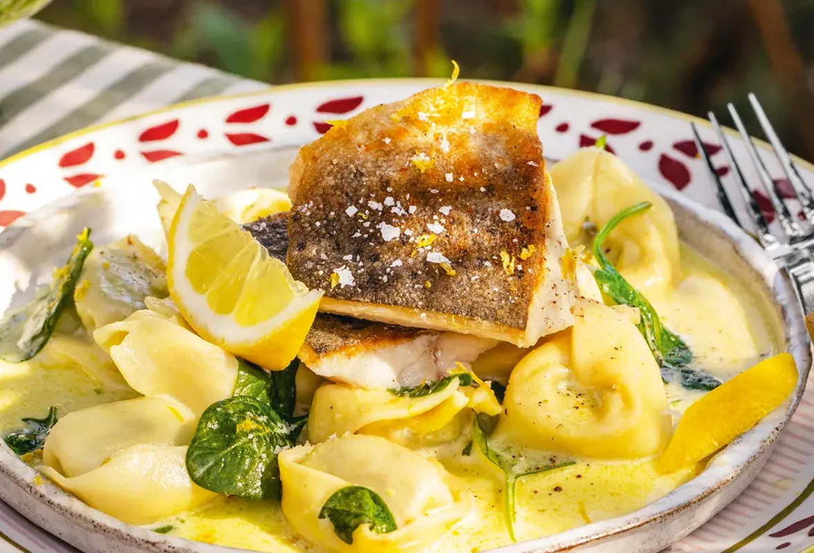 Gebratene Bachforellenfilets mit Spinat-Ricotta-Tortelloni in Zitronensauce auf Teller angerichtet