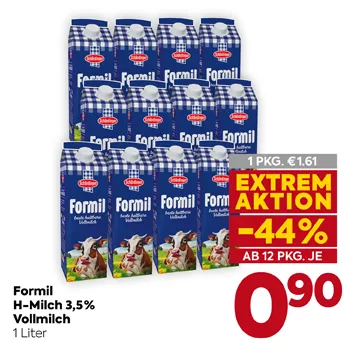 Formil H-Milch 3,5% Vollmilch
1 Liter
1 PKG. € 1.61
EXTREM AKTION
-44%
AB 12 PKG. JE
0,90