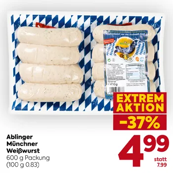 Ablinger Münchner Weißwürst
600 g Packung
(100 g 0.83)
EXTREM AKTION -37%
4,99 statt 7,99