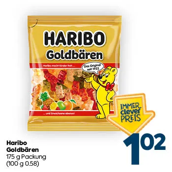 Haribo
Goldbären
175 g Packung
(100 g 0.58)
IMMER clever PREIS
1,02