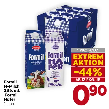 Formil H-Milch 3,5% od. Formil Hafer
1 Liter
1 PKG. €1.61
EXTREM AKTION -44% AB 12 PKG. JE 0,90