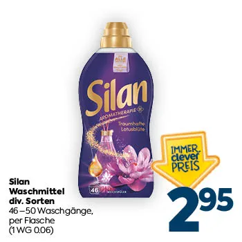 Silan Waschmittel
div. Sorten
46–50 Waschgänge,
per Flasche
(1 WG 0.06)
IMMER clever PREIS
2,95