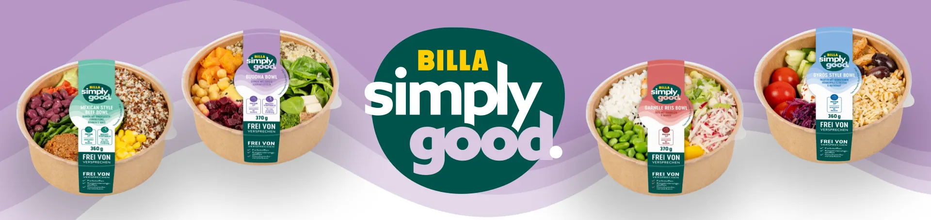 Billa Simply Good Logo auf Hintergrund mit violetter Welle. Vier Billa Simply Good Reis Bowls im Vordergrund.