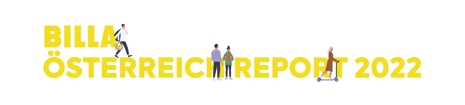 Illustrationen von verschiedenen Menschen rund um den Schriftzug "BILLA ÖSTERREICH REPORT 2022"