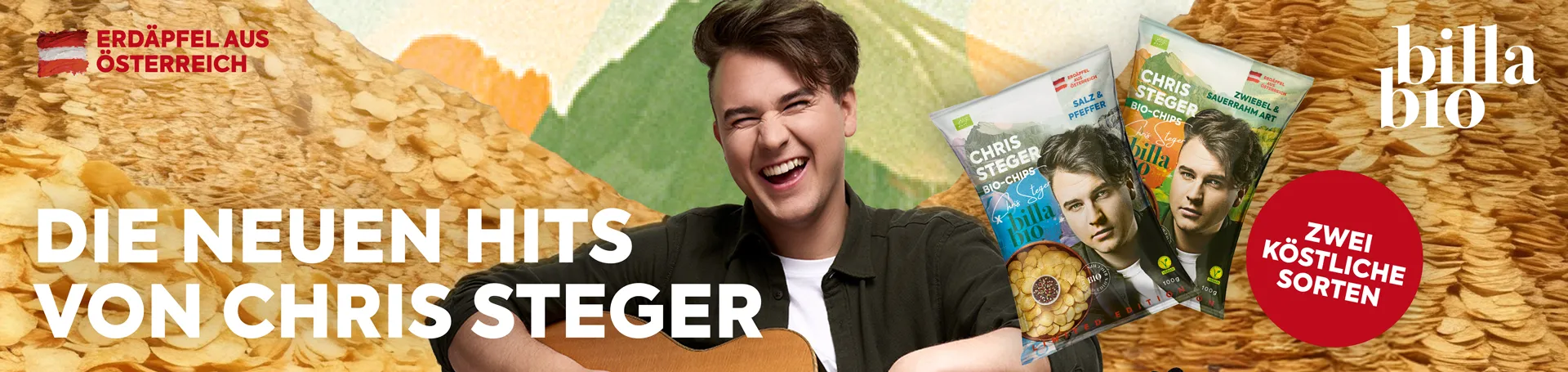 Die neuen Hits von Chris Steger: Billa Bio Chips, zwei köstliche Sorten. Erdäpfel aus Österreich