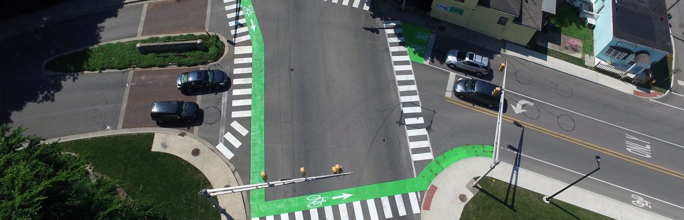 Green colored bike lane markings.