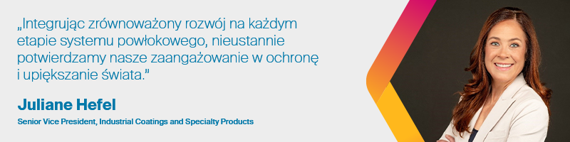 Sustainability message from Juliane Hefel including headshot, detailing the importance of sustainability to the industrial PPG business - wording in Polish